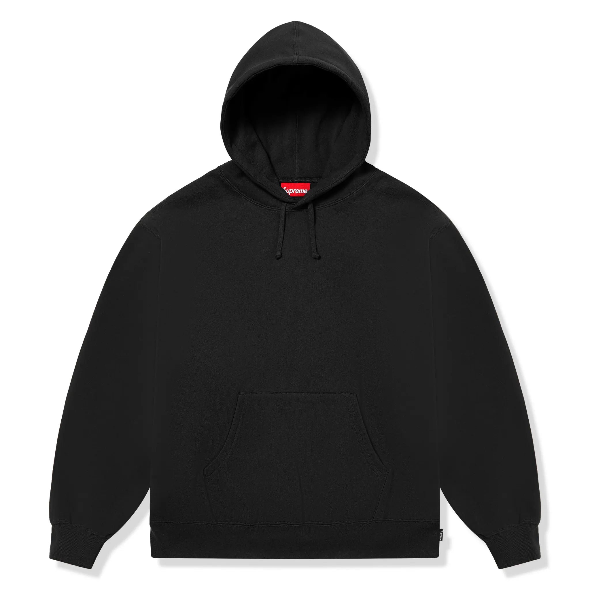 Front View of Supreme Satin Applique Black Hoodie (FW25) FW25SW77-BLACK